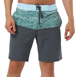 Summer Color Block Shorts Drawstring Stripe Swim Beach Board Shorts Gray Blue